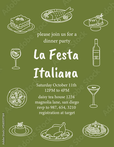 Hand drawn Italian dinner party invitation. Doodle illustrations of lasagna, pizza, seafood, wine, dessert, and cocktails. Traditional Mediterranean cuisine celebration. Vector sketch food design.