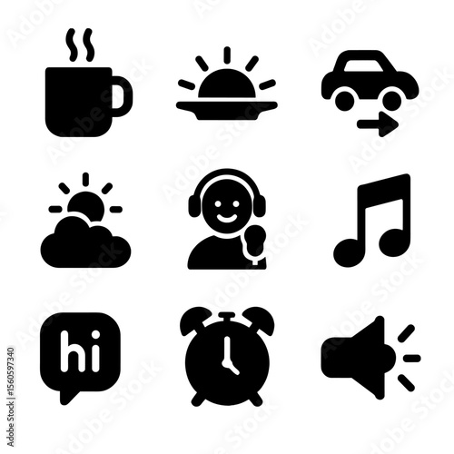 Morning Show Icons. Solid, filled icon set of morning radio show: coffee mug, sunrise icon, traffic report, weather update, happy