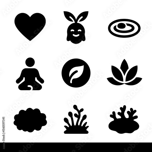 Moss Symbol Icon Set. Solid, filled icon set of moss in culture and symbolism: green heart, nature spirit, zen garden, meditation