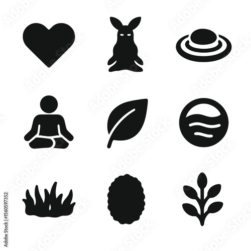 Moss Symbol Icon Set. Solid, filled icon set of moss in culture and symbolism: green heart, nature spirit, zen garden, meditation