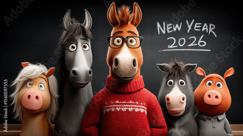 Group of animated horses in festive attire celebrating New Year 2026, showcasing vibrant colors and cheerful expressions, perfect for holiday-themed designs and illustrations