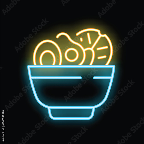 Neon food and drink icon of a steaming bowl of ramen noodles, sliced hard boiled eggs and cucumber