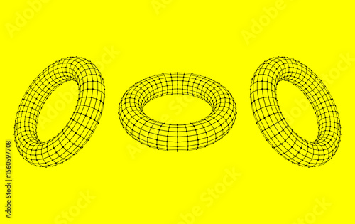 Abstract 3D Geometric Doughnut Shapes with Mesh Grid Design.
