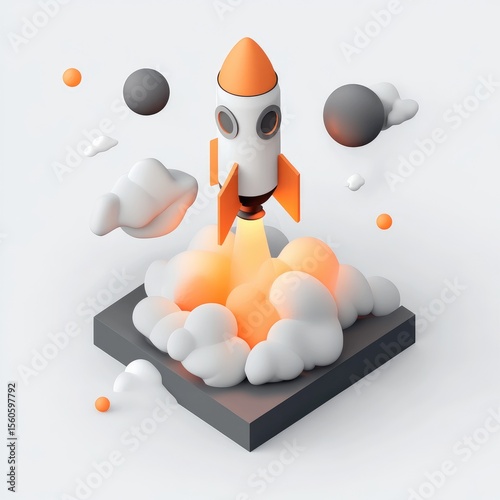Isometric rocket launch graphic.  A stylized rocket, orange and white, blasts off from a dark gray base.  Fluffy white smoke trails from the rocket's nozzle.  