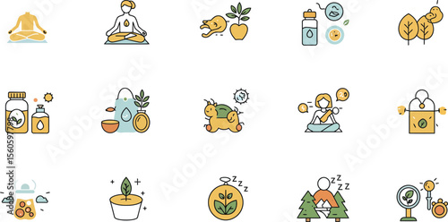 Wellness and Nature Icons of Healthy Lifestyle, Mindfulness, and Organic Products