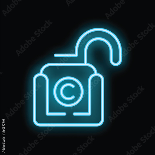 Glowing neon outline of open padlock with copyright symbol emphasizing importance of protecting intellectual property rights