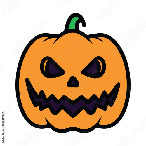 Horror jack-o'-lantern with a spooky carved smile, an orange autumn Halloween pumpkin decoration