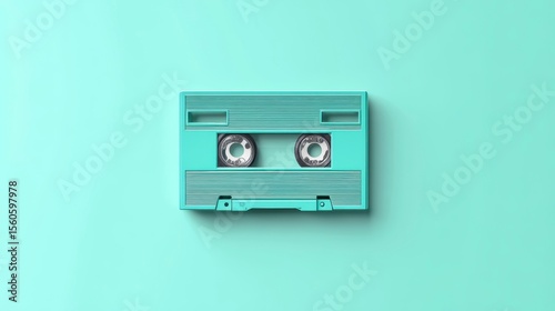 Teal audio cassette tape on a mint green background.