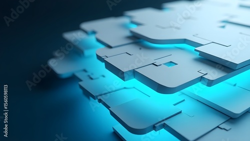 Abstract geometric structure with glowing blue light and clean white surfaces