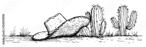 cowboy hat and cactus in desert western sketch illustration