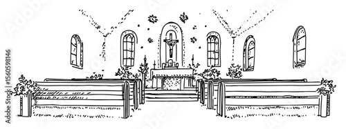 hand drawn church interior vector line art illustration