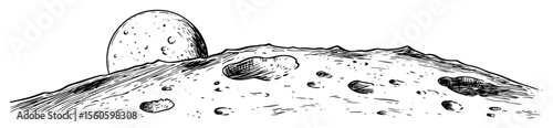 moon surface with craters and planet in the sky vector sketch