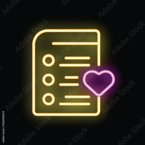 Neon sign of a checklist with a heart representing a wishlist, perfect for themes like shopping and desire
