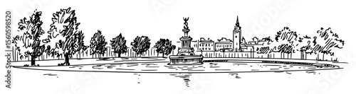 historic park fountain with tower view