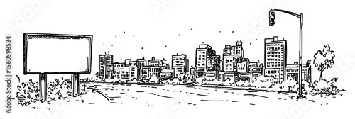 hand drawn city skyline road with billboard vector line art