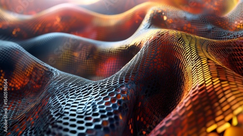 Abstract metallic mesh surface with orange and blue hues, undulating in waves.