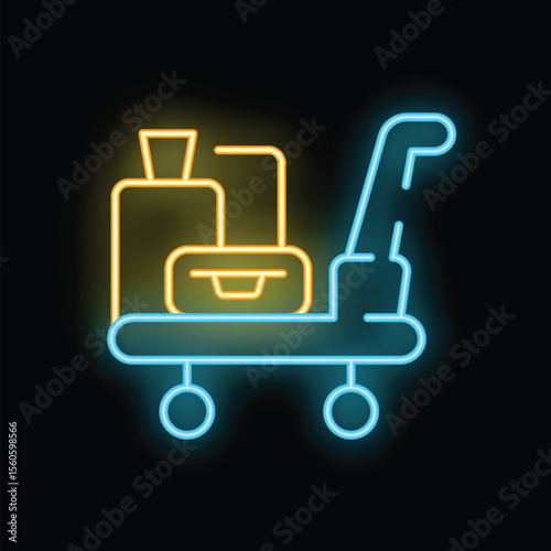 Neon luggage cart with suitcases on a black background, representing travel and tourism