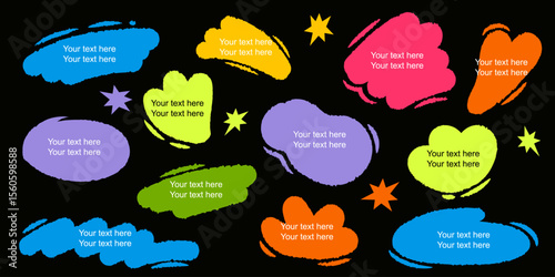 Neon color shapes for text blocks on black background. Hand drawn speech bubbles, bright simple trendy abstract banners with torn edge. Set of design elements.