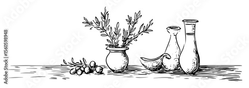 herbs in jar with bottles and garlic