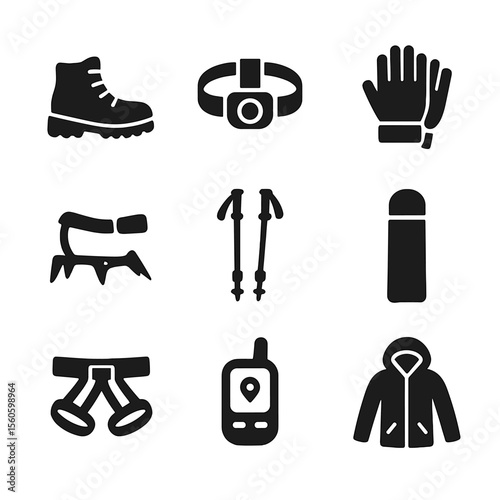 Mountain Gear Icons. Solid, filled icon set of mountain gear: hiking boots, headlamp, gloves, crampons, trekking poles, thermal