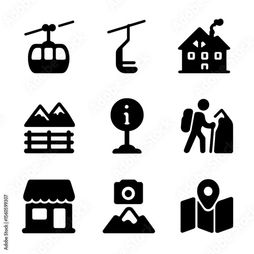 Mountain Tourism Icons. Solid, filled icon set of mountain tourism: cable car, ski lift, mountain lodge, scenic overlook,