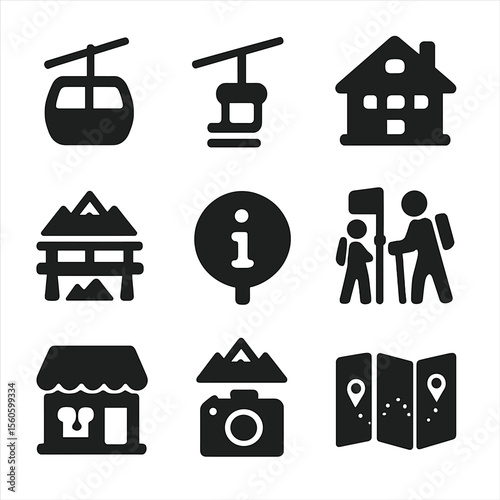 Mountain Tourism Icons. Solid, filled icon set of mountain tourism: cable car, ski lift, mountain lodge, scenic overlook,