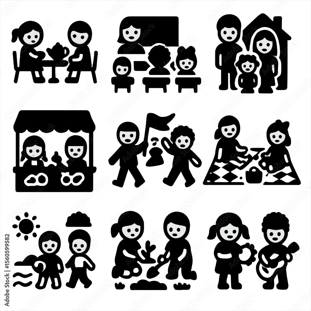 Multicultural Doll Icons. Solid, filled icon set of multicultural doll play scenarios: tea party, school classroom, family home, Multicultural Doll Icons. Solid, filled icon set of multicultural doll play scenarios: tea party, school classroom, family home,