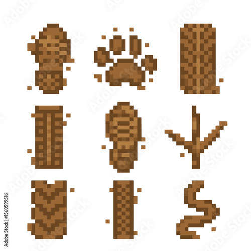 Muddy Footprint Icon Grid. Pixel art icon set of muddy footprints and tracks: boot print, animal paw, bicycle tire, wheel track,