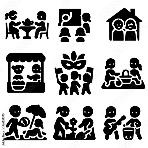 Multicultural Doll Icons. Solid, filled icon set of multicultural doll play scenarios: tea party, school classroom, family home,