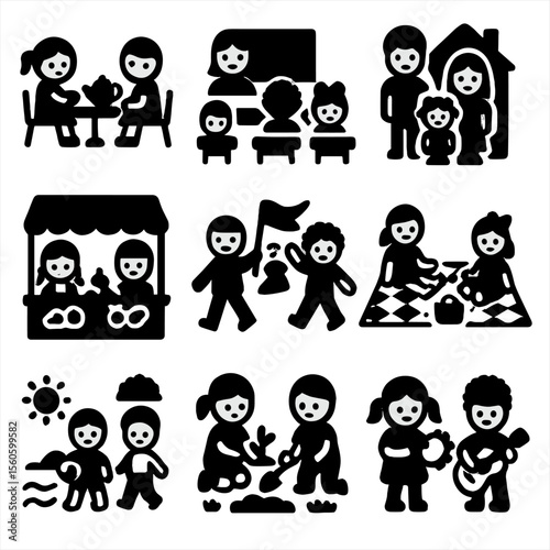 Multicultural Doll Icons. Solid, filled icon set of multicultural doll play scenarios: tea party, school classroom, family home,