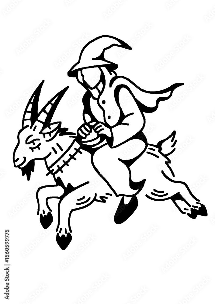 Fototapeta premium Wizard riding a goat, fantasy creature and rider illustration