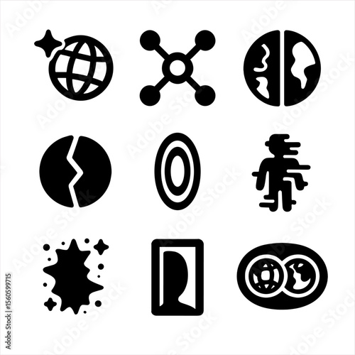 Multiverse Icon Set. Solid, filled icon set of dimension hopping: alternate world icon, multiverse node, parallel earth, reality