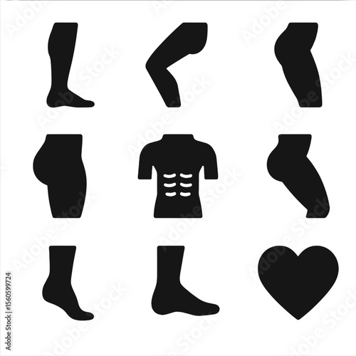 Muscle Group Icons. Solid, filled icon set of muscle groups used in stair sprints: calf muscle, quadriceps, hamstring, glute, core