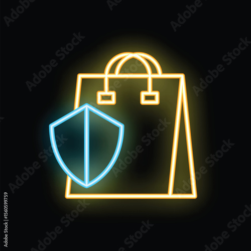 Neon shield protecting shopping bag representing secure online shopping and protection against fraud