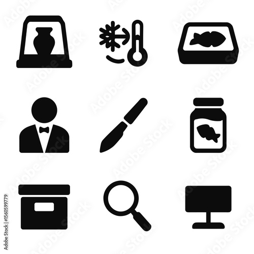Museum Icon Set. Solid, filled icon set of museum and preservation work: display case, climate control icon, artifact tray,