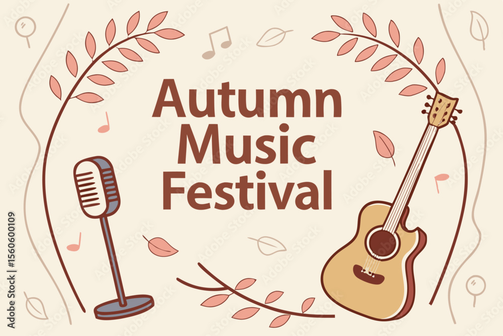  Cartel decorativo de festival musical con micrófono vintage, guitarra acústica y hojas otoñales, texto “Autumn Music Festival”.
