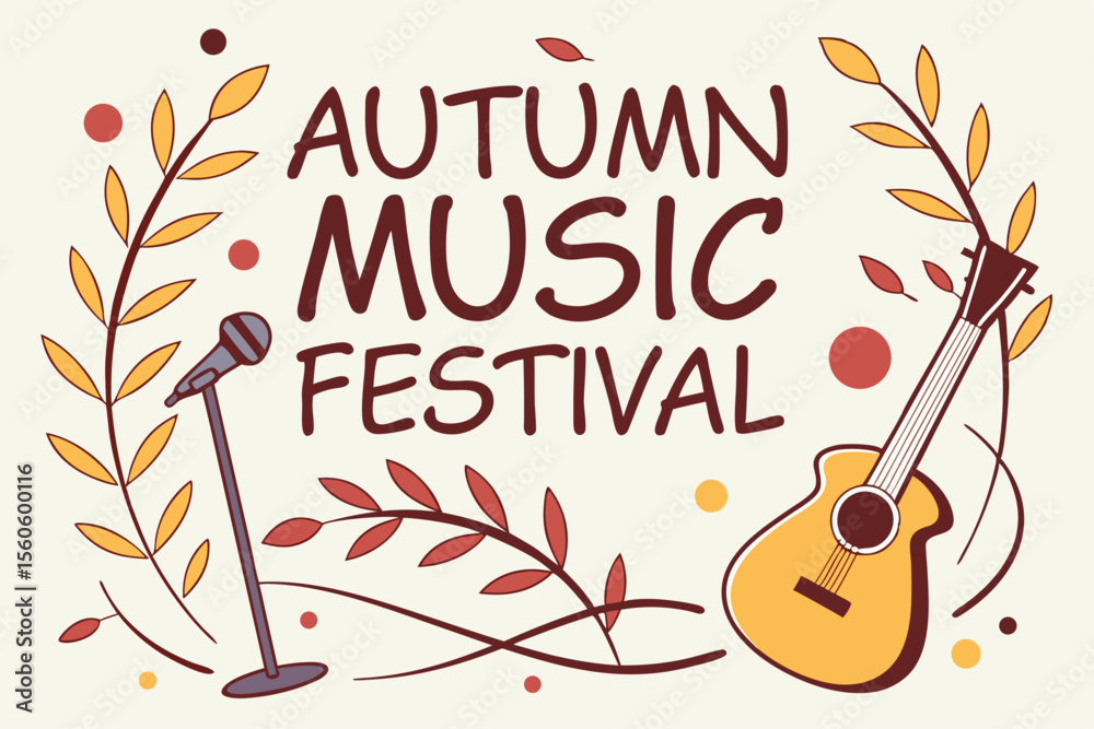  Diseño otoñal con micrófono y guitarra rodeados de hojas decorativas, texto central “Autumn Music Festival”.
