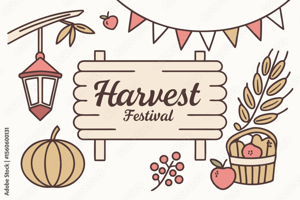  Cartel festivo de Harvest Festival con manzanas, calabaza, farol, guirnaldas y elementos otoñales como hojas y trigo.
