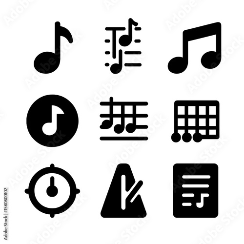Music Theory Icons. Solid, filled icon set of music theory basics: musical note, scale, rhythm, tempo, key signature, chord, beat,