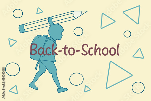  Estudiante infantil caminando con mochila y un lápiz sobre fondo claro con formas azules, texto “Back to School”.
