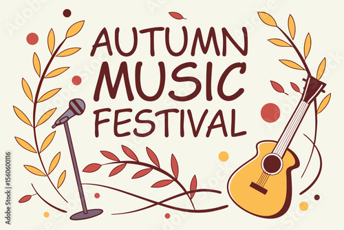  Diseño otoñal con micrófono y guitarra rodeados de hojas decorativas, texto central “Autumn Music Festival”.
