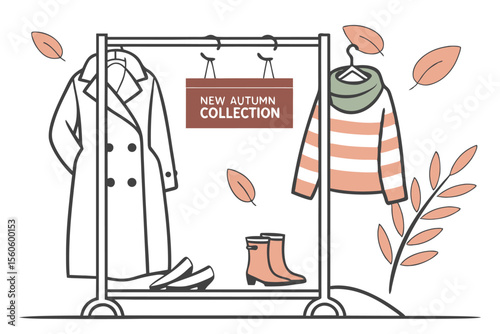  Cartel de moda otoñal con abrigo, botas, suéter y bufanda en un perchero, acompañado de hojas cayendo.
