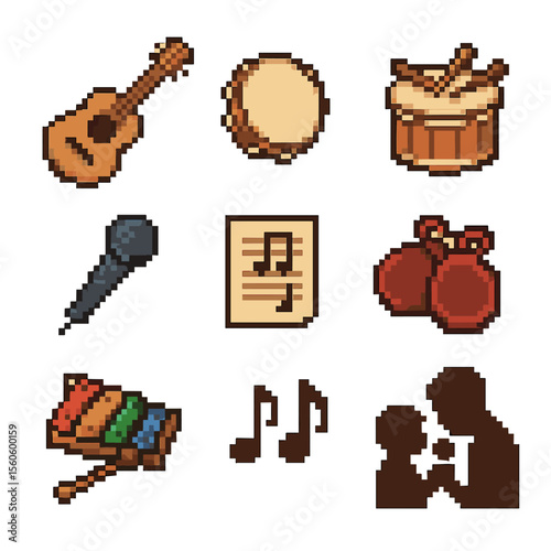 Musical Family Icons. Pixel art icon set of musical family moments: acoustic guitar, tambourine, drum, microphone, sheet music,