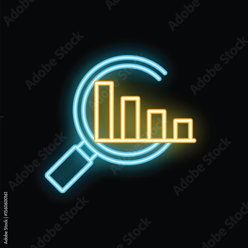 Neon magnifying glass showing descending bar graph, concept of market analysis and financial crisis