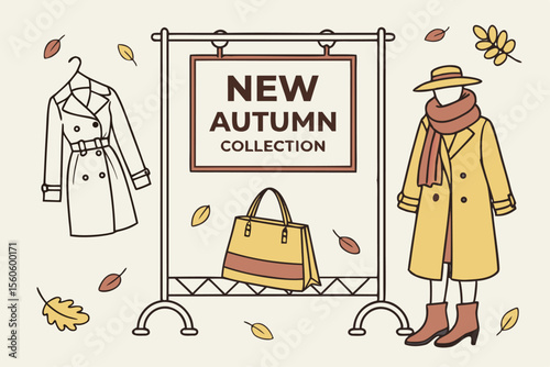  Cartel promocional de moda con abrigo, sombrero, bufanda y bolso bajo el texto “New Autumn Collection”, rodeado de hojas otoñales.
