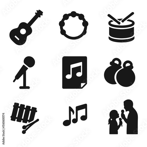 Musical Family Icons. Solid, Filled icon set of musical family moments: acoustic guitar, tambourine, drum, microphone, sheet music