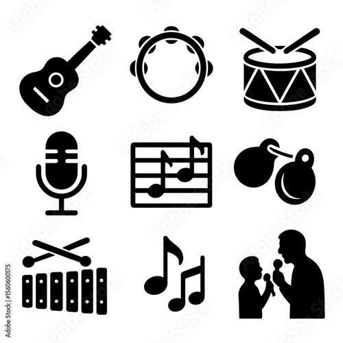 Musical Family Icons. Flat icon set of musical family moments: acoustic guitar, tambourine, drum, microphone, sheet music,