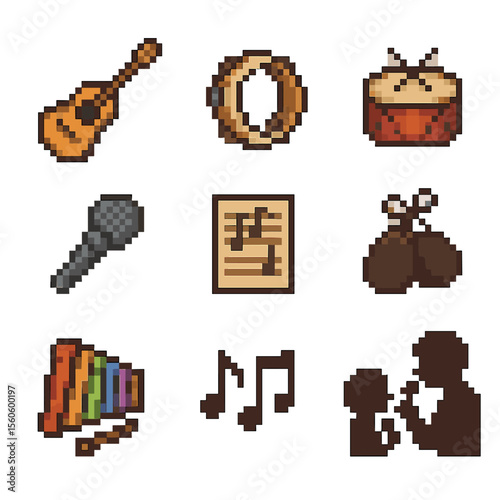 Musical Family Icons. Pixel art icon set of musical family moments: acoustic guitar, tambourine, drum, microphone, sheet music,