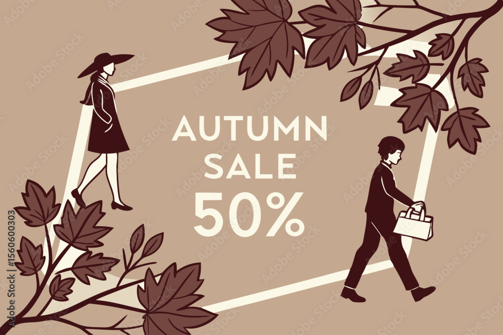  otoño, descuento, venta, hojas, personas, cartel, promoción, caminando, ramas, diseño, vector, marketing, color cálido, compras, ilustración

