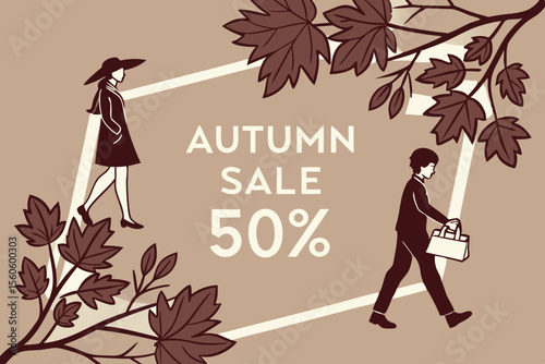  otoño, descuento, venta, hojas, personas, cartel, promoción, caminando, ramas, diseño, vector, marketing, color cálido, compras, ilustración

